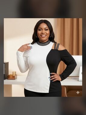 chic Black & White Cold-Shoulder Colorblock Long Sleeve Top with Studded Neck